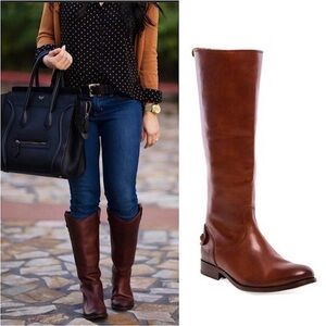 FRYE Melissa Button Back Zip Cognac Leather Boots Equestrian Riding Brown Size 8